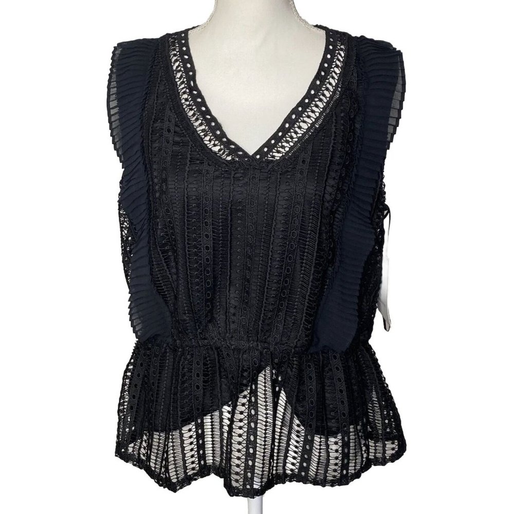 NWT Calligraphie Women’s Blouse Black Sleeveless V-neck Size Large